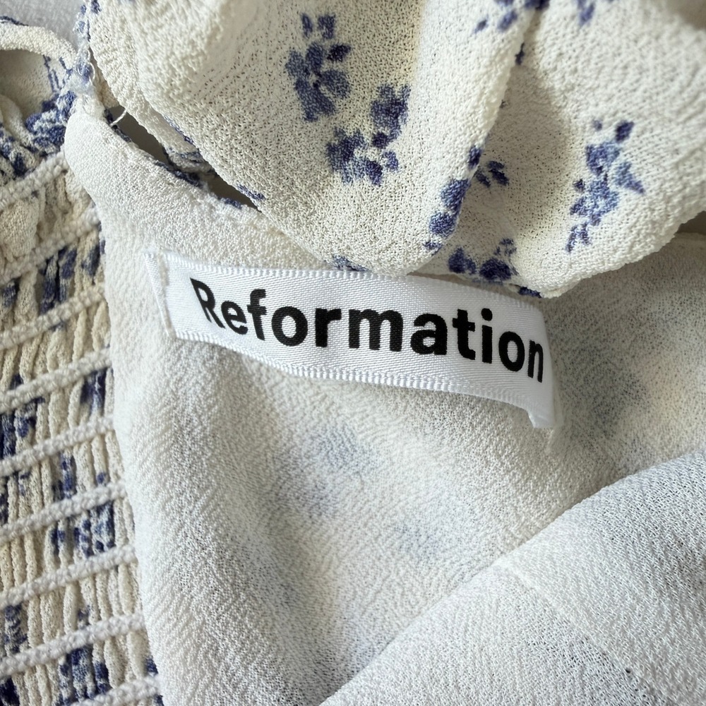 NWOT Reformation Paris Mini Dress White Blue Floral Ruffle Cottagecore 12‎ L - Picture 6 of 10